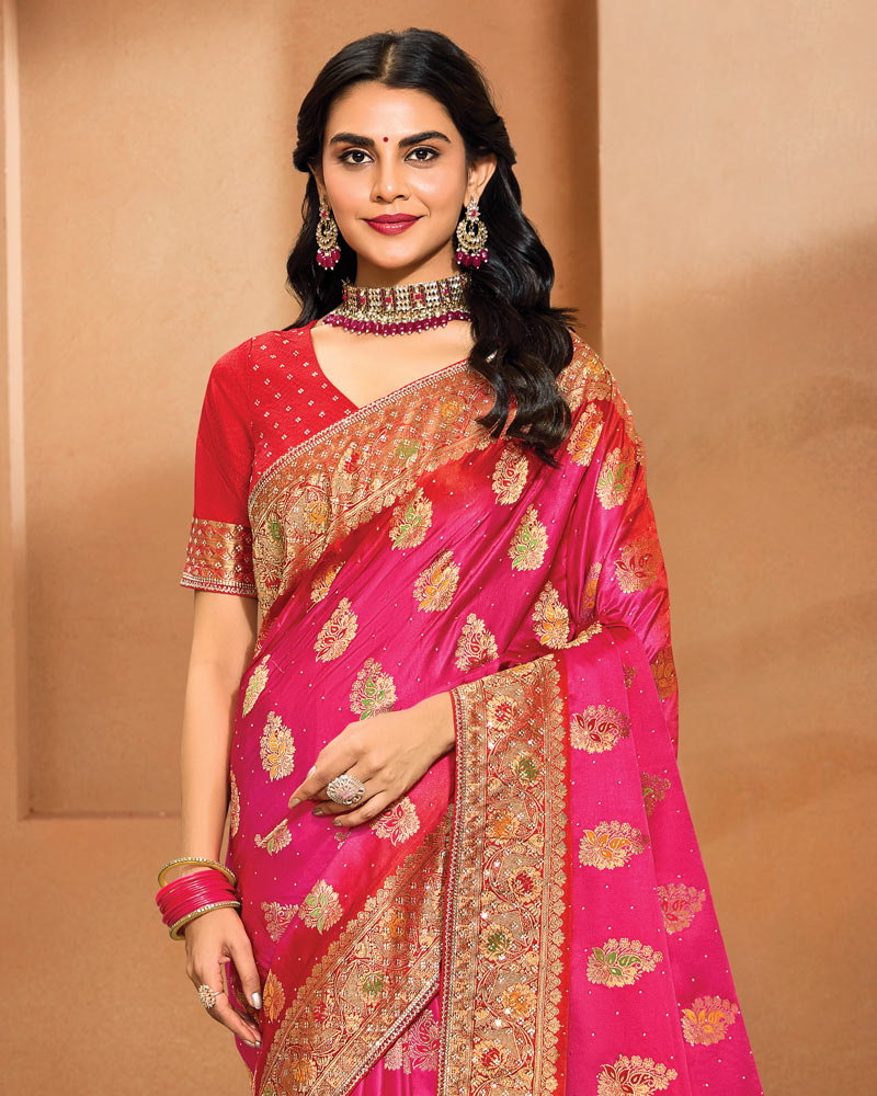Vishal Prints Deep Cerise Pink Designer Satin-Dola Saree With Diamond Work, Core Piping And Tassel
