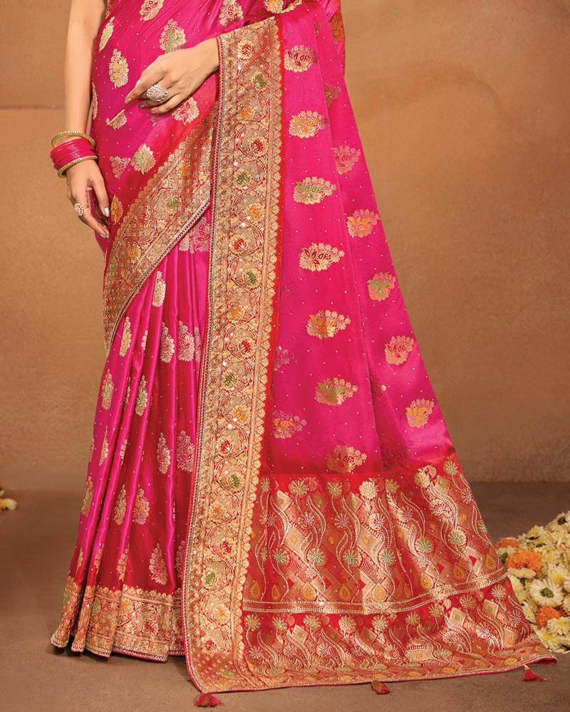 Vishal Prints Deep Cerise Pink Designer Satin-Dola Saree With Diamond Work, Core Piping And Tassel
