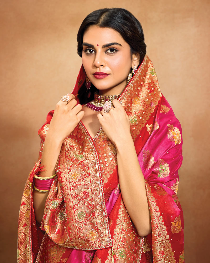 Vishal Prints Deep Cerise Pink Designer Satin-Dola Saree With Diamond Work, Core Piping And Tassel