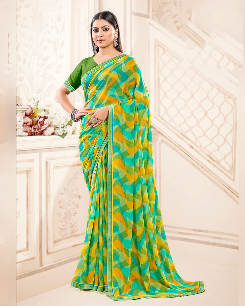Vishal Prints Turquoise And Moss Green Printed Georgette Saree With Fancy Border