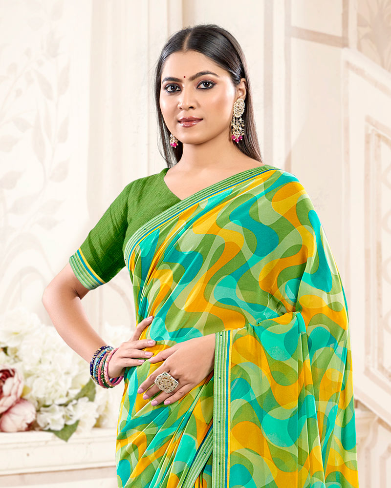 Vishal Prints Turquoise And Moss Green Printed Georgette Saree With Fancy Border