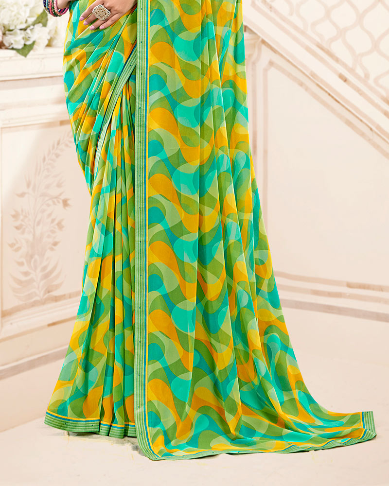 Vishal Prints Turquoise And Moss Green Printed Georgette Saree With Fancy Border