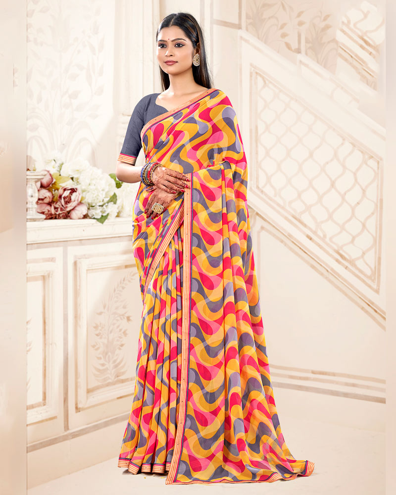 Vishal Prints Saffron And Purple Grey Printed Georgette Saree With Fancy Border