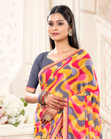 Vishal Prints Saffron And Purple Grey Printed Georgette Saree With Fancy Border