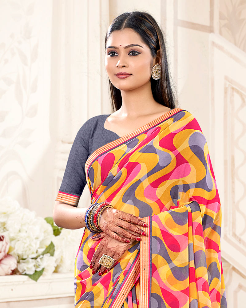 Vishal Prints Saffron And Purple Grey Printed Georgette Saree With Fancy Border