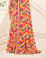 Vishal Prints Saffron And Purple Grey Printed Georgette Saree With Fancy Border