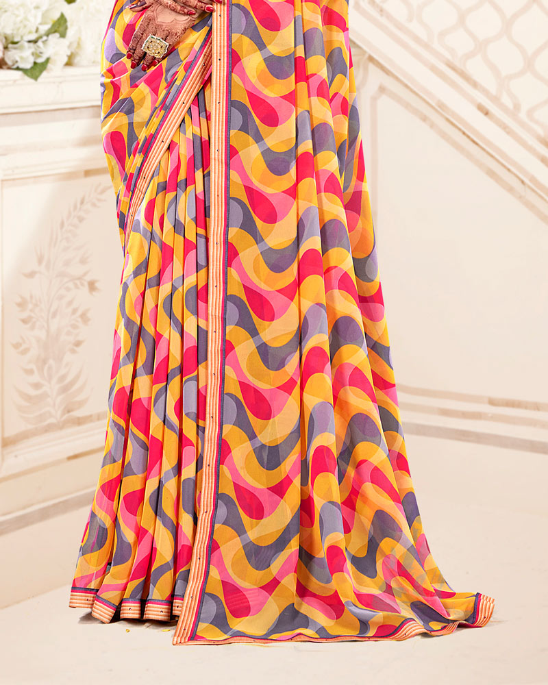 Vishal Prints Saffron And Purple Grey Printed Georgette Saree With Fancy Border