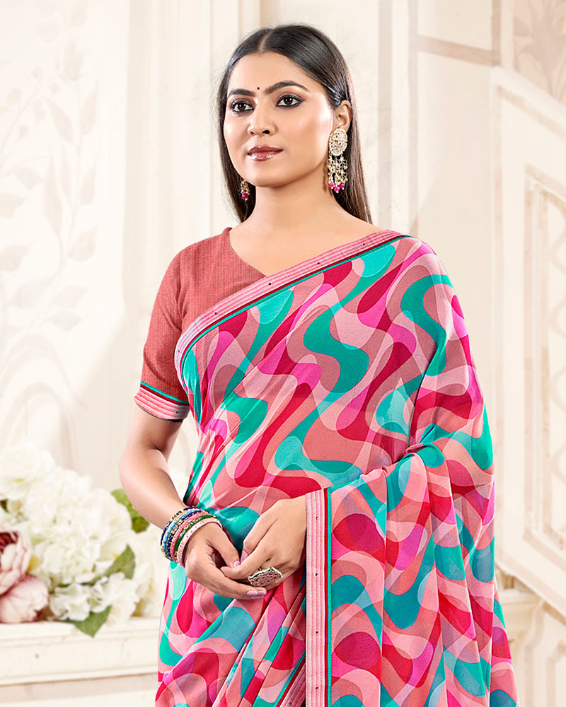 Vishal Prints Light Coral And Bright Maroon Printed Georgette Saree With Fancy Border