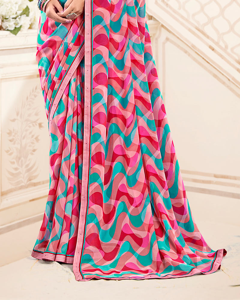 Vishal Prints Light Coral And Bright Maroon Printed Georgette Saree With Fancy Border