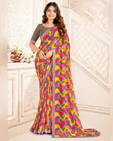 Vishal Prints Yellow Orange And Pinkish Red Printed Georgette Saree With Fancy Border