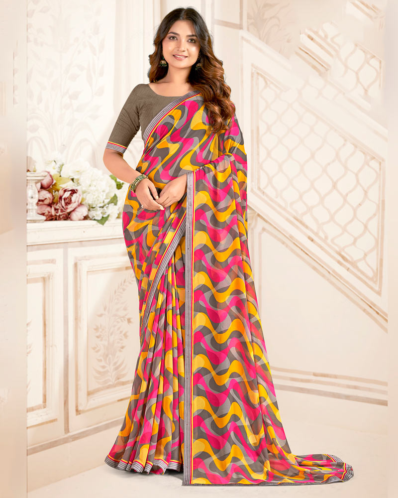 Vishal Prints Yellow Orange And Pinkish Red Printed Georgette Saree With Fancy Border