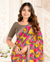 Vishal Prints Yellow Orange And Pinkish Red Printed Georgette Saree With Fancy Border