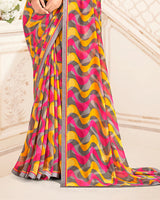 Vishal Prints Yellow Orange And Pinkish Red Printed Georgette Saree With Fancy Border