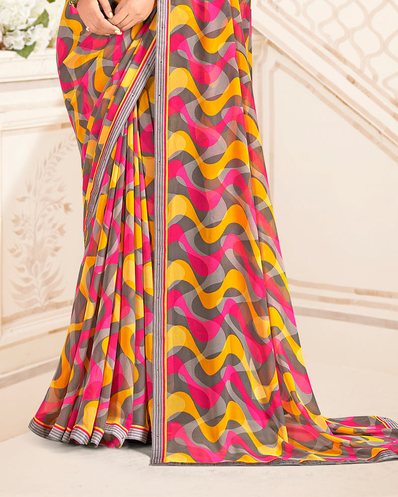 Vishal Prints Yellow Orange And Pinkish Red Printed Georgette Saree With Fancy Border