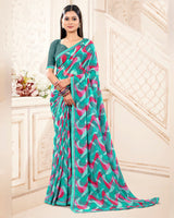 Vishal Prints Turquoise Blue And Deep Pink Printed Georgette Saree With Fancy Border