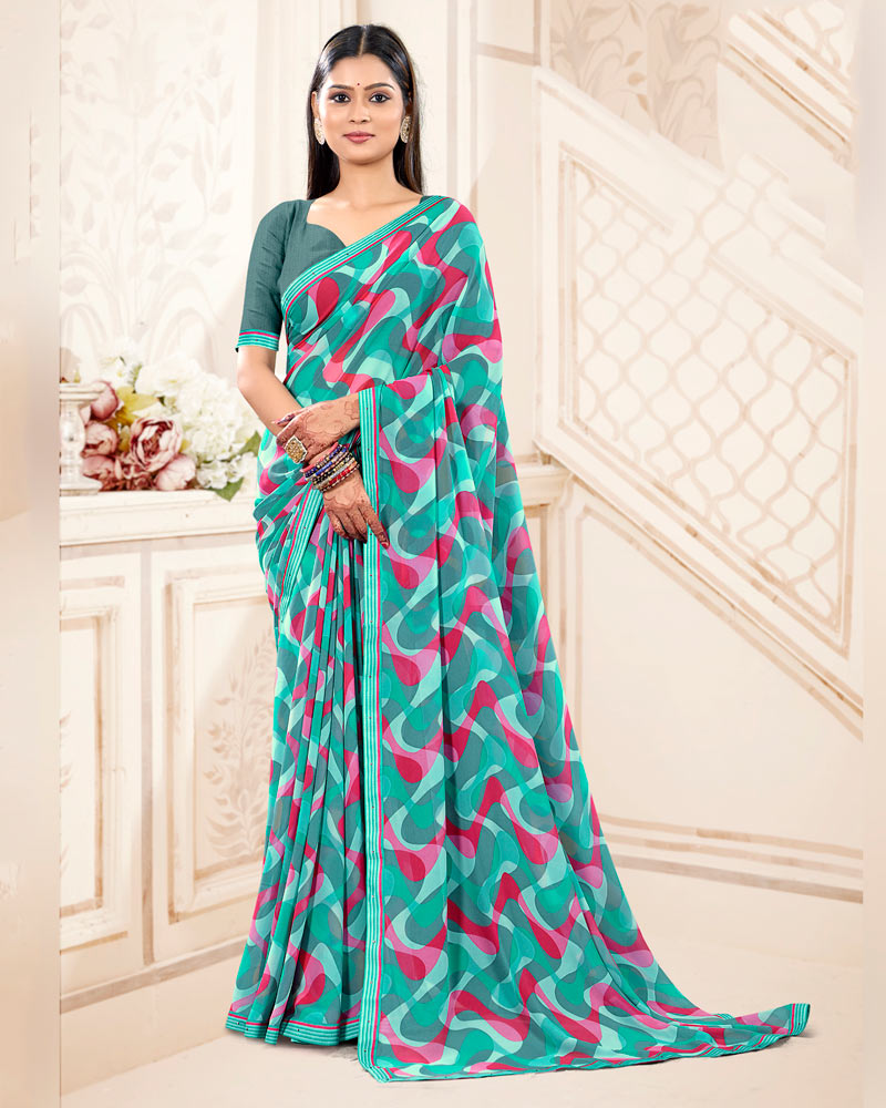 Vishal Prints Turquoise Blue And Deep Pink Printed Georgette Saree With Fancy Border