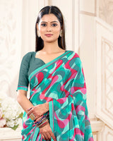 Vishal Prints Turquoise Blue And Deep Pink Printed Georgette Saree With Fancy Border