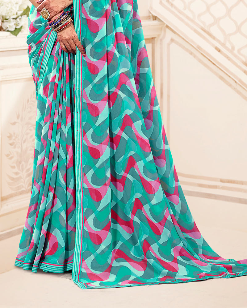 Vishal Prints Turquoise Blue And Deep Pink Printed Georgette Saree With Fancy Border