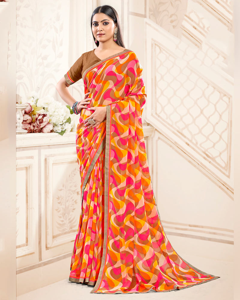 Vishal Prints Pinkish Red And Brownish Orange Printed Georgette Saree With Fancy Border