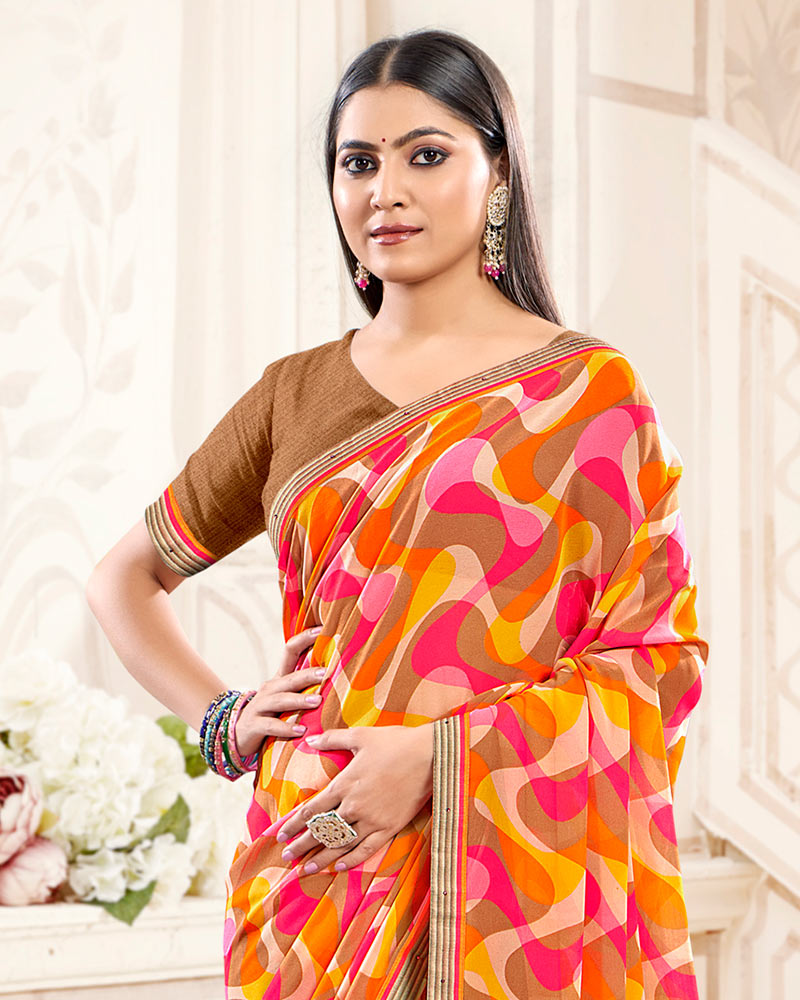 Vishal Prints Pinkish Red And Brownish Orange Printed Georgette Saree With Fancy Border