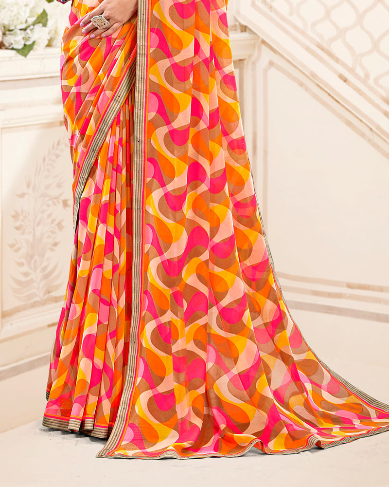 Vishal Prints Pinkish Red And Brownish Orange Printed Georgette Saree With Fancy Border