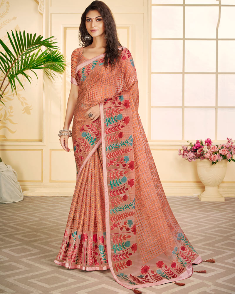 Vishal Prints Dark Salmon Tissue Brasso Saree With Tassel