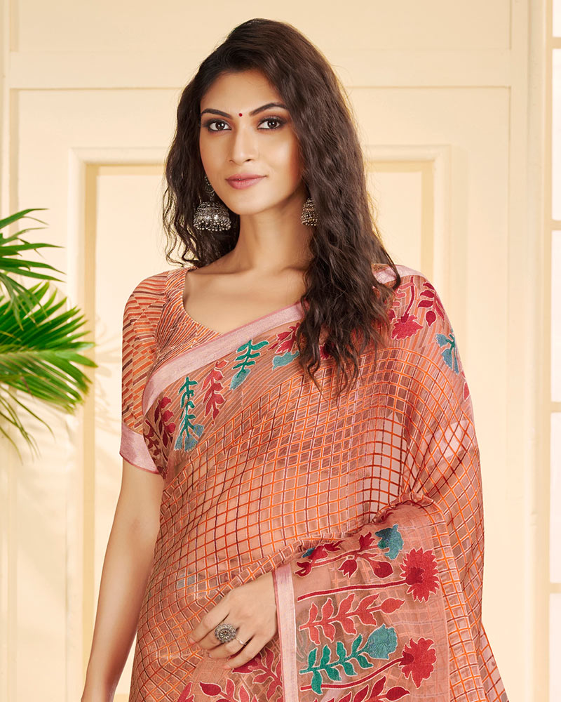 Vishal Prints Dark Salmon Tissue Brasso Saree With Tassel