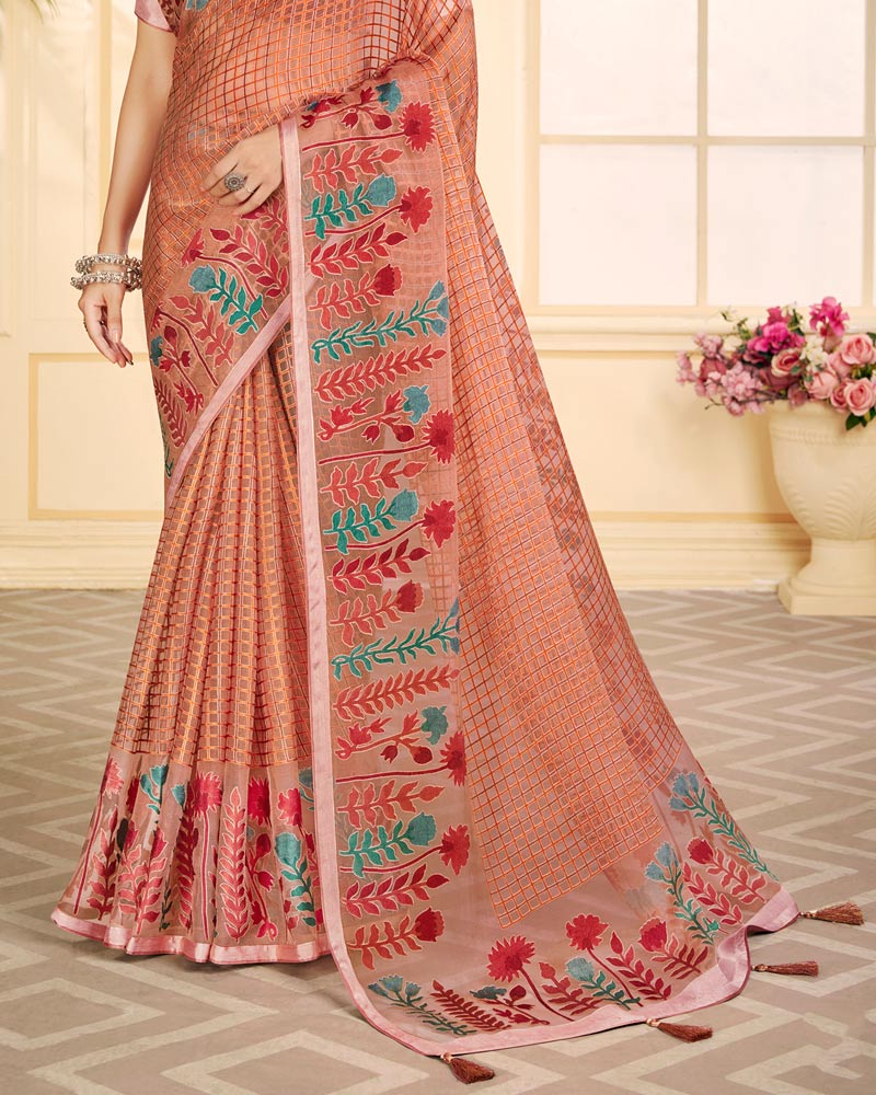 Vishal Prints Dark Salmon Tissue Brasso Saree With Tassel