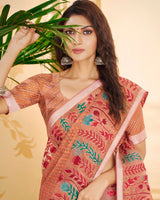 Vishal Prints Dark Salmon Tissue Brasso Saree With Tassel