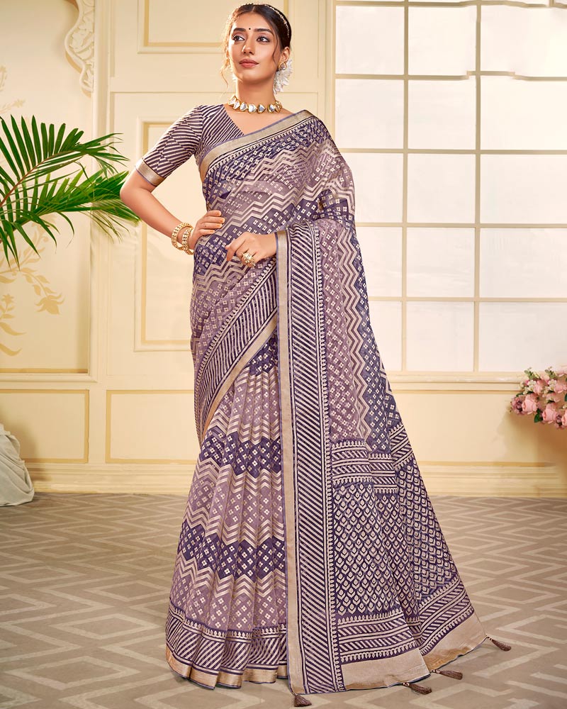 Vishal Prints Lavender Tissue Brasso Saree With Tassel
