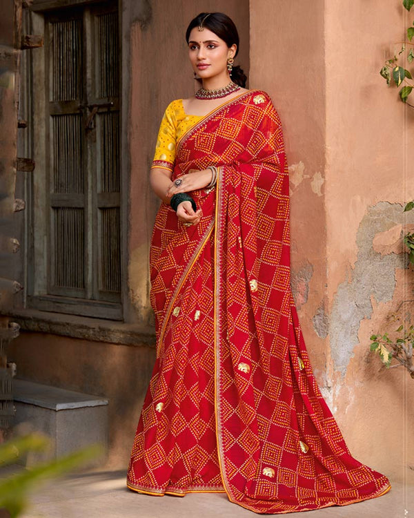 Vishal Prints Shiraz Red Printed Georgette Bandhani Print Saree With Foil Print And Fancy Border