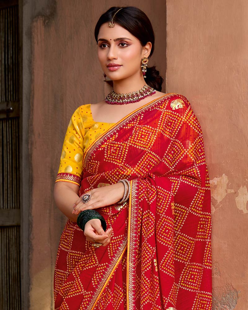 Vishal Prints Shiraz Red Printed Georgette Bandhani Print Saree With Foil Print And Fancy Border