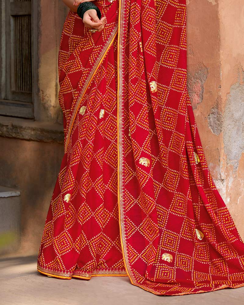 Vishal Prints Shiraz Red Printed Georgette Bandhani Print Saree With Foil Print And Fancy Border