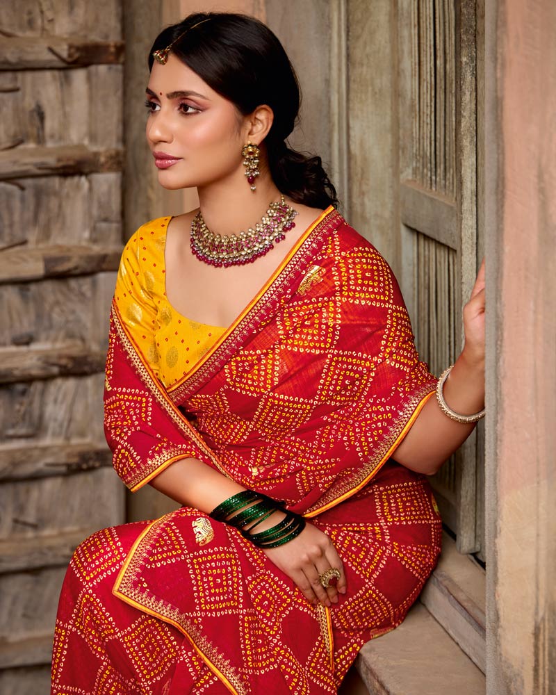 Vishal Prints Shiraz Red Printed Georgette Bandhani Print Saree With Foil Print And Fancy Border