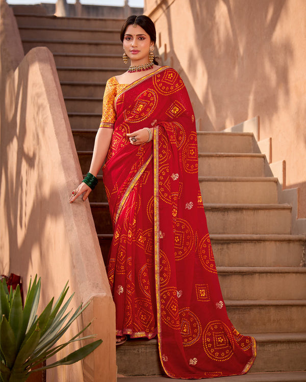 Vishal Prints Chili Red Printed Georgette Bandhani Print Saree With Foil Print, Diamond Work And Fancy Border