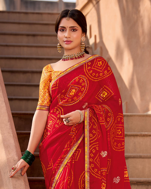 Vishal Prints Chili Red Printed Georgette Bandhani Print Saree With Foil Print, Diamond Work And Fancy Border