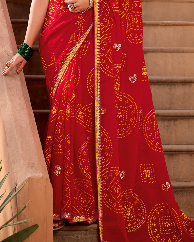 Vishal Prints Chili Red Printed Georgette Bandhani Print Saree With Foil Print, Diamond Work And Fancy Border