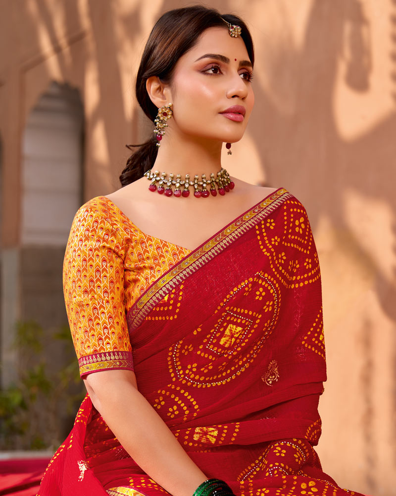 Vishal Prints Chili Red Printed Georgette Bandhani Print Saree With Foil Print, Diamond Work And Fancy Border