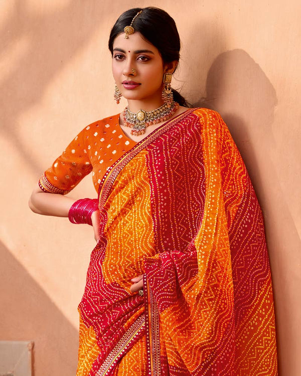Vishal Prints Milano Red Printed Georgette Bandhani Print Saree With Fancy Border