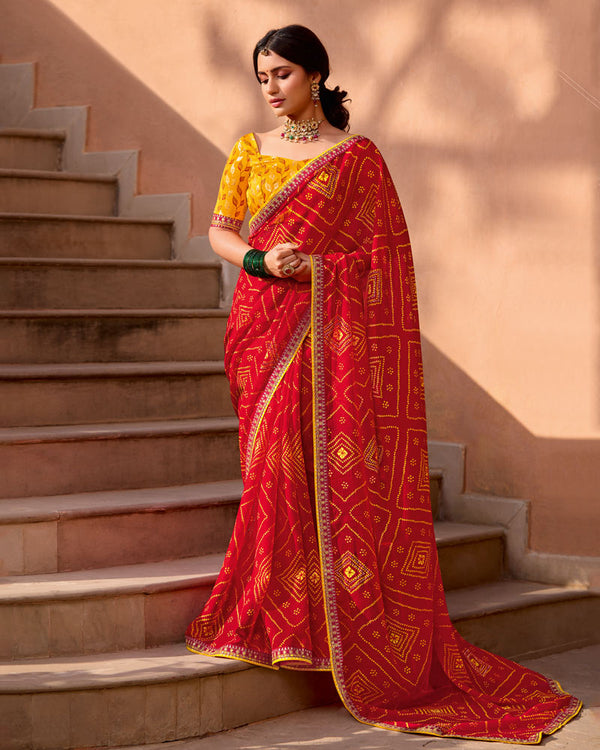 Vishal Prints Venetian Red Printed Georgette Bandhani Print Saree With Diamond Work And Fancy Border