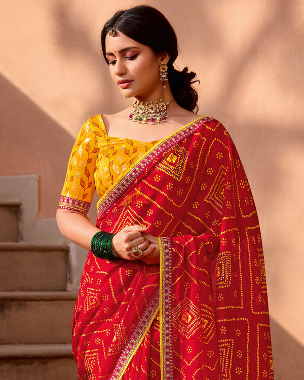 Vishal Prints Venetian Red Printed Georgette Bandhani Print Saree With Diamond Work And Fancy Border