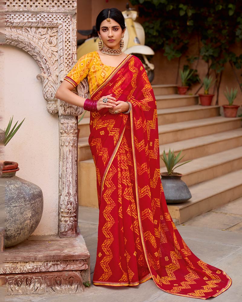 Vishal Prints Lava Red Printed Georgette Bandhani Print Saree With Foil Print And Fancy Border