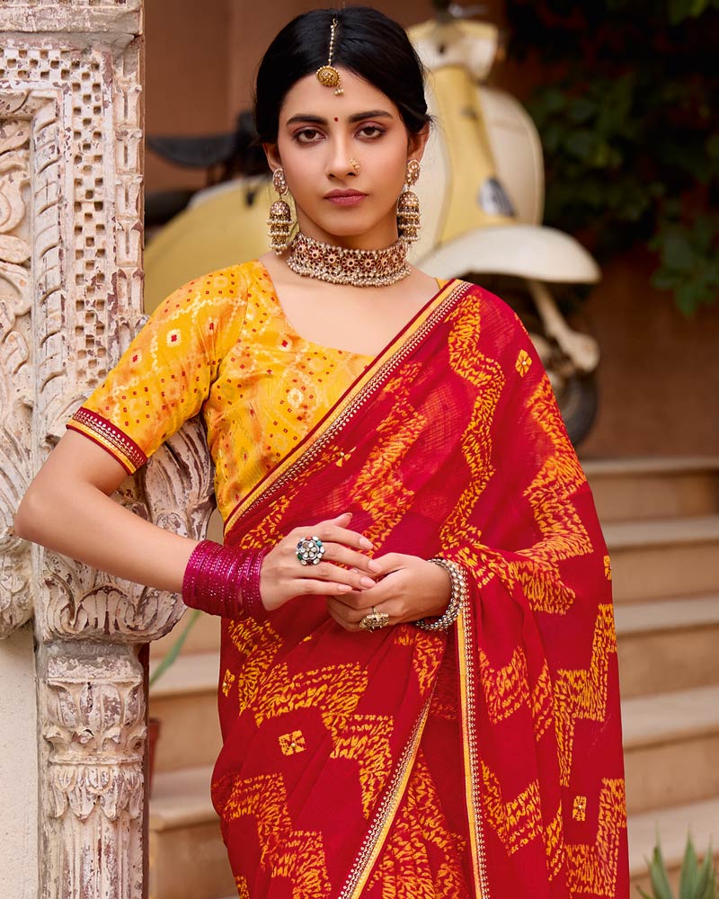 Vishal Prints Lava Red Printed Georgette Bandhani Print Saree With Foil Print And Fancy Border