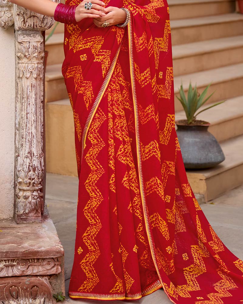 Vishal Prints Lava Red Printed Georgette Bandhani Print Saree With Foil Print And Fancy Border