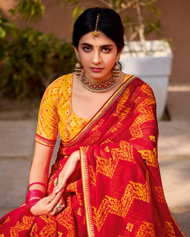 Vishal Prints Lava Red Printed Georgette Bandhani Print Saree With Foil Print And Fancy Border