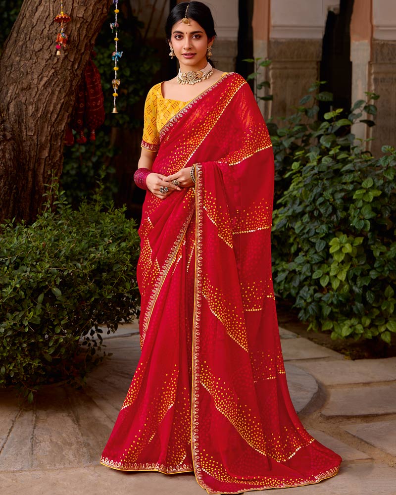 Vishal Prints Scarlet Red Printed Georgette Bandhani Print Saree With Foil Print And Fancy Border
