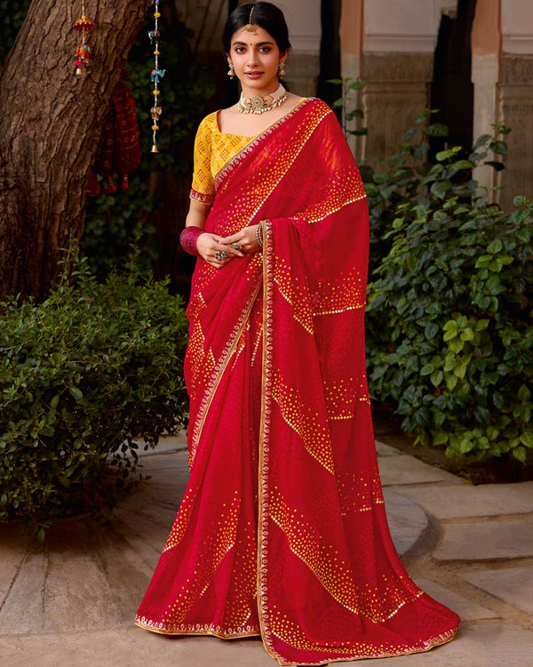 Vishal Prints Scarlet Red Printed Georgette Bandhani Print Saree With Foil Print And Fancy Border