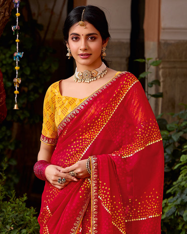 Vishal Prints Scarlet Red Printed Georgette Bandhani Print Saree With Foil Print And Fancy Border