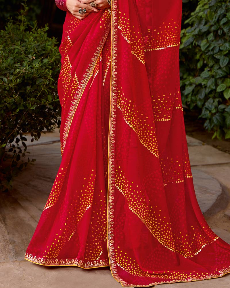Vishal Prints Scarlet Red Printed Georgette Bandhani Print Saree With Foil Print And Fancy Border