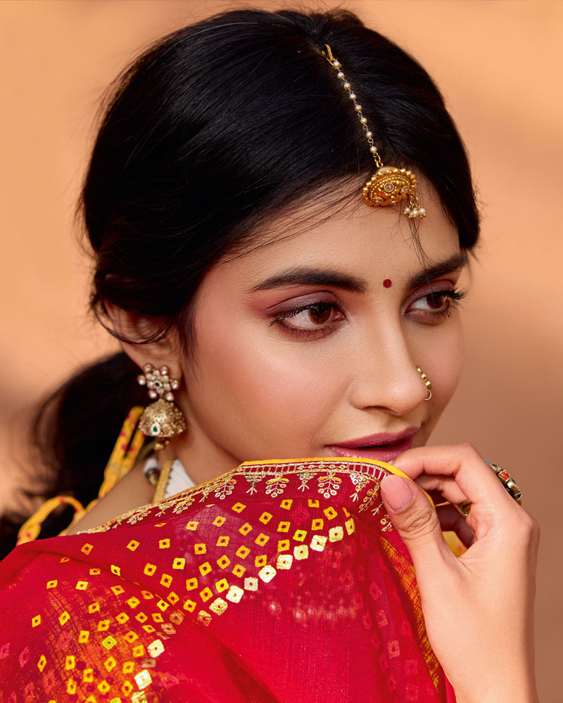 Vishal Prints Scarlet Red Printed Georgette Bandhani Print Saree With Foil Print And Fancy Border